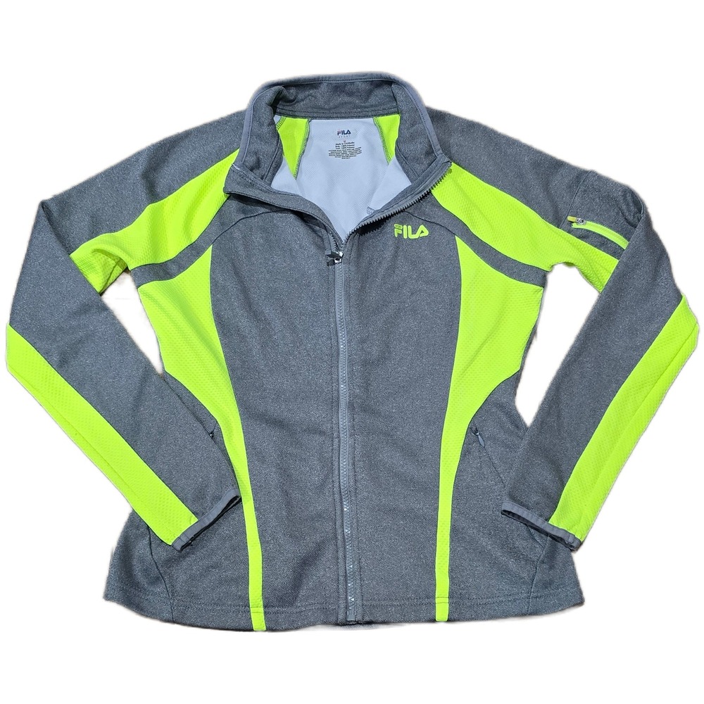 Fila‎ Sport Womens Track Jacket Gray Neon Green Full Zip Running Athletic Medium